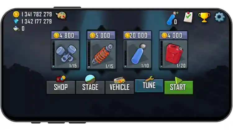 Hill Climb Racing Mod APK V1.67.0 2025 (Unlimited Money) 22 Customize and Upgrade in Garage Mode