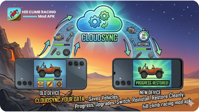 Hill Climb Racing Mod APK V1.69.1 2026 Unlimited Money and Diamonds 11
Cloud-Sync feature of this game